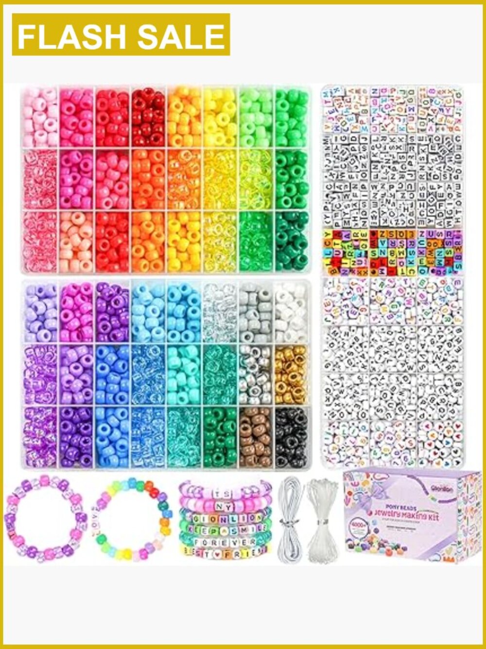 4200 Pcs Pony Beads Bracelet Making Kit 48 Colors with Letter Beads & Elastic
